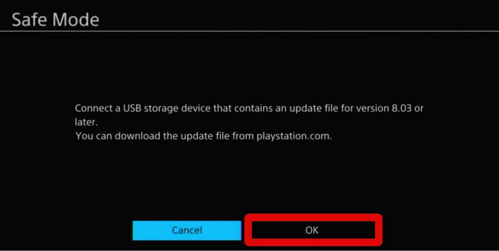 OK option when updating PS4 from USB