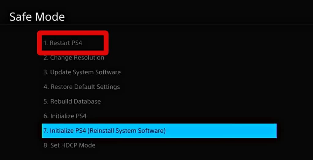 Restart PS4 option in safe mode