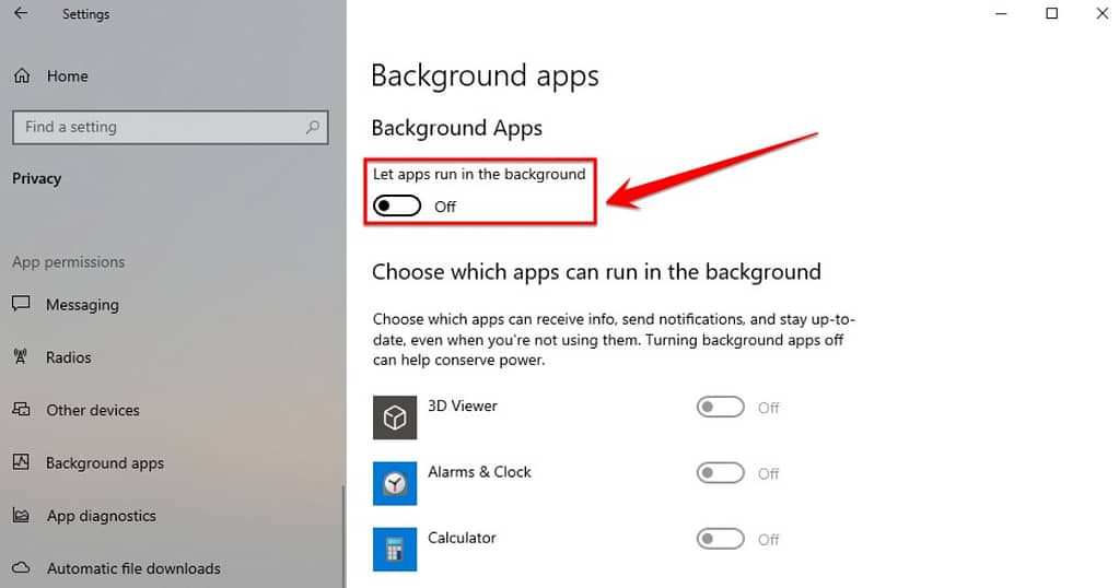 let apps run in the background is turned off