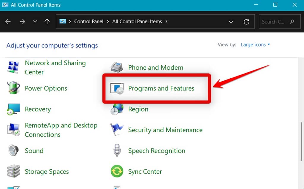 programs and features in control panel