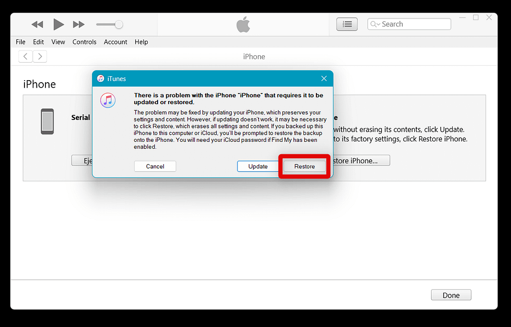 click restore iphone from itunes backup