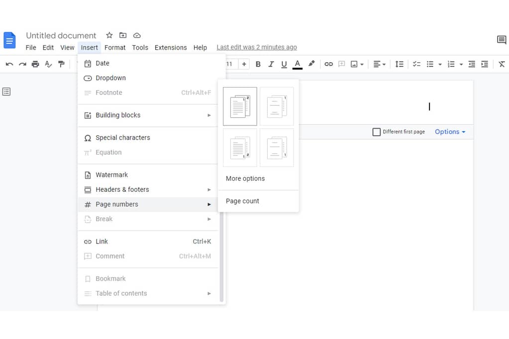 insert page numbers while writing using google docs