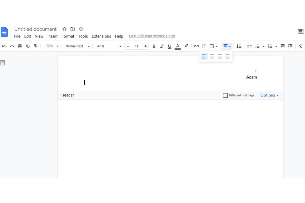 left align on new page when writing on google docs