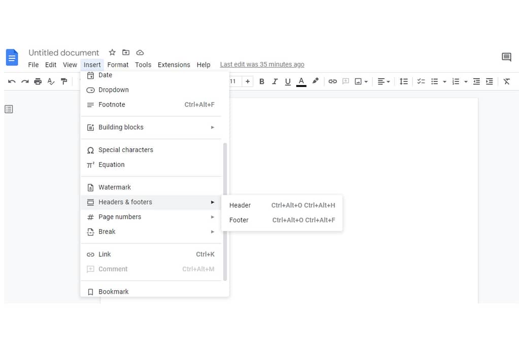 paper headers footers example using google docs