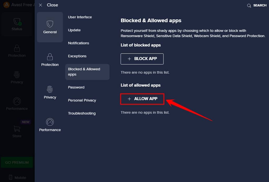 allowed apps on anti virus