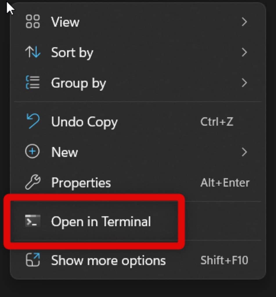 Open in terminal option in right click context menu