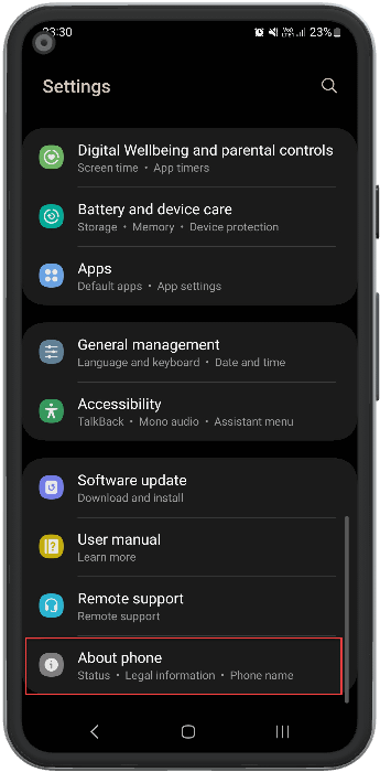 About phone option in Settings
