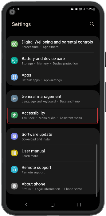Accessibility options for the visually impaired in settings app