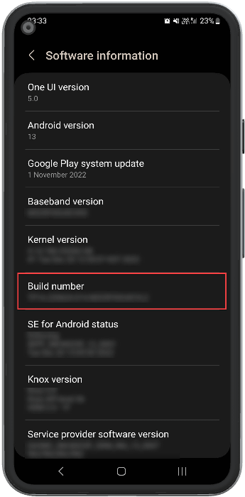Android build number in about phone