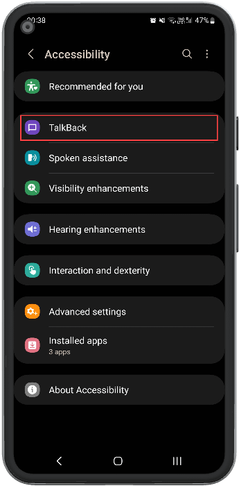 TalkBack option in accessibility setting