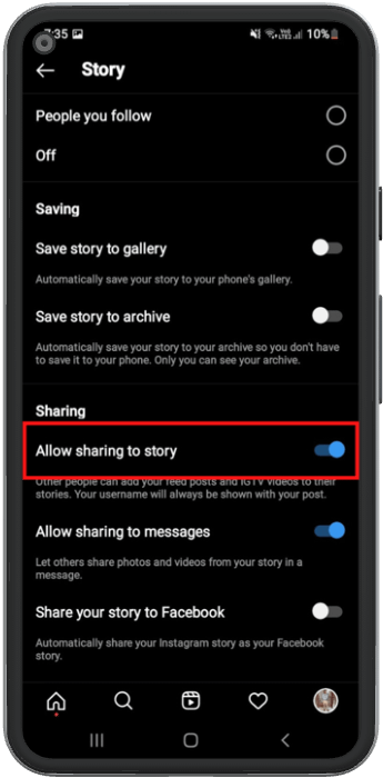 allow sharing story option