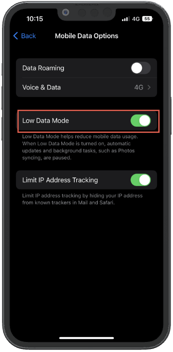 disable low data mode