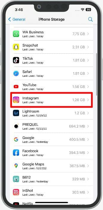 find instagram in iphone storage apps