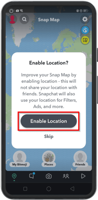 sharing location on snap map section