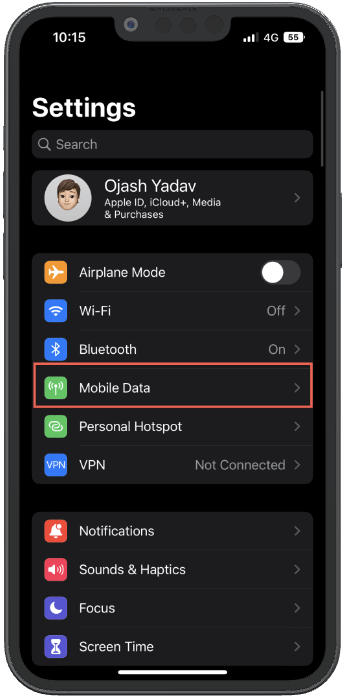 tap mobile data in settings ios