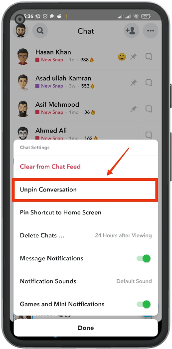unpinning snap conversation on app